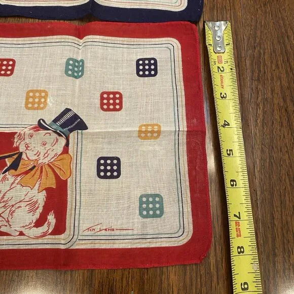 2 Vintage Tom Lamb Kids Hankies Dog Dice Red Blue Favorites 8 1/2" Square - Picture 8 of 8